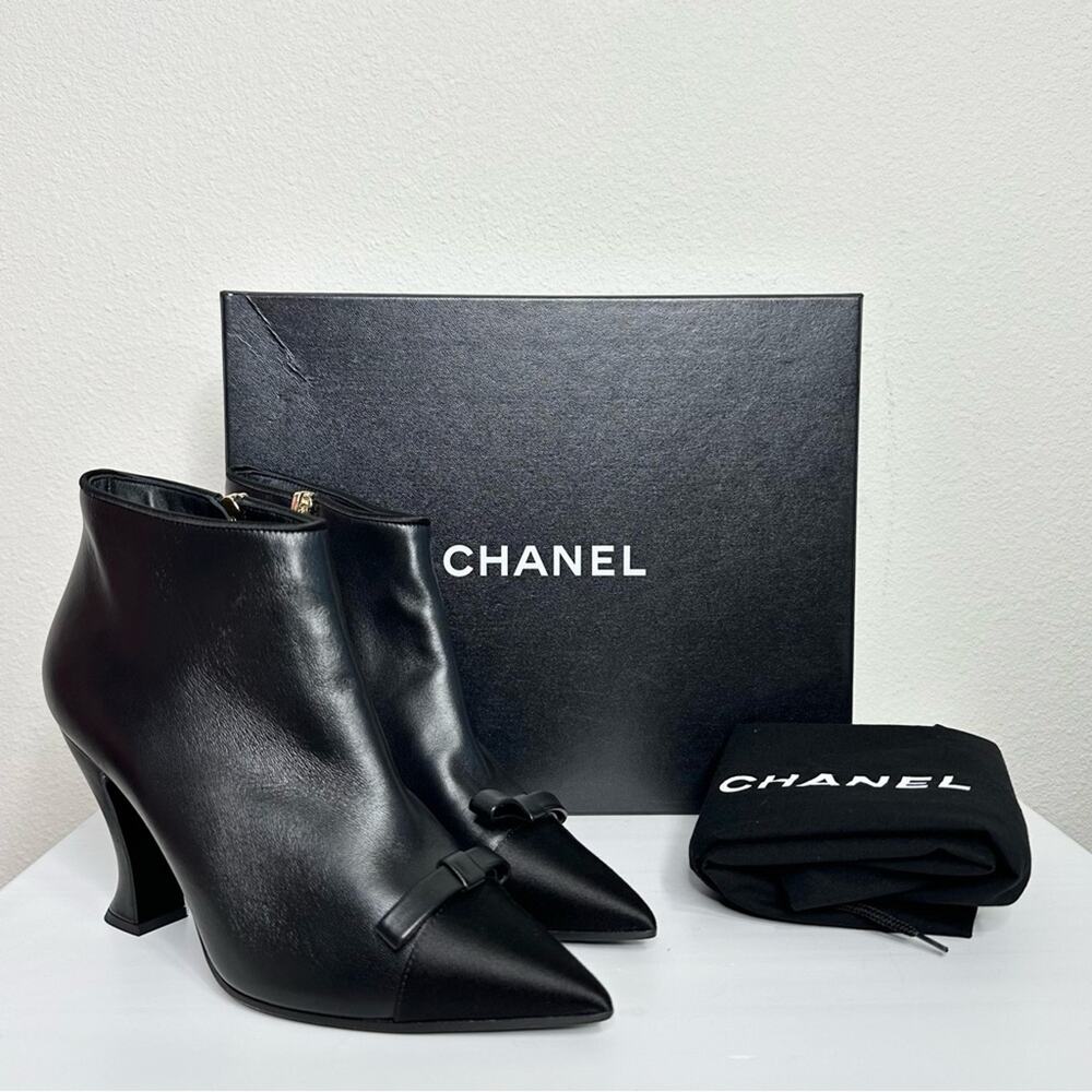 CHANEL Black Ankle Boots Size 37 Bow Accent NEW